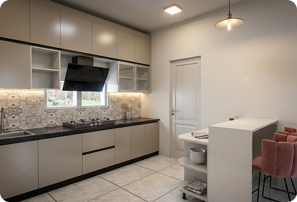 Straight Kitchen with Patterned Tile Backsplash